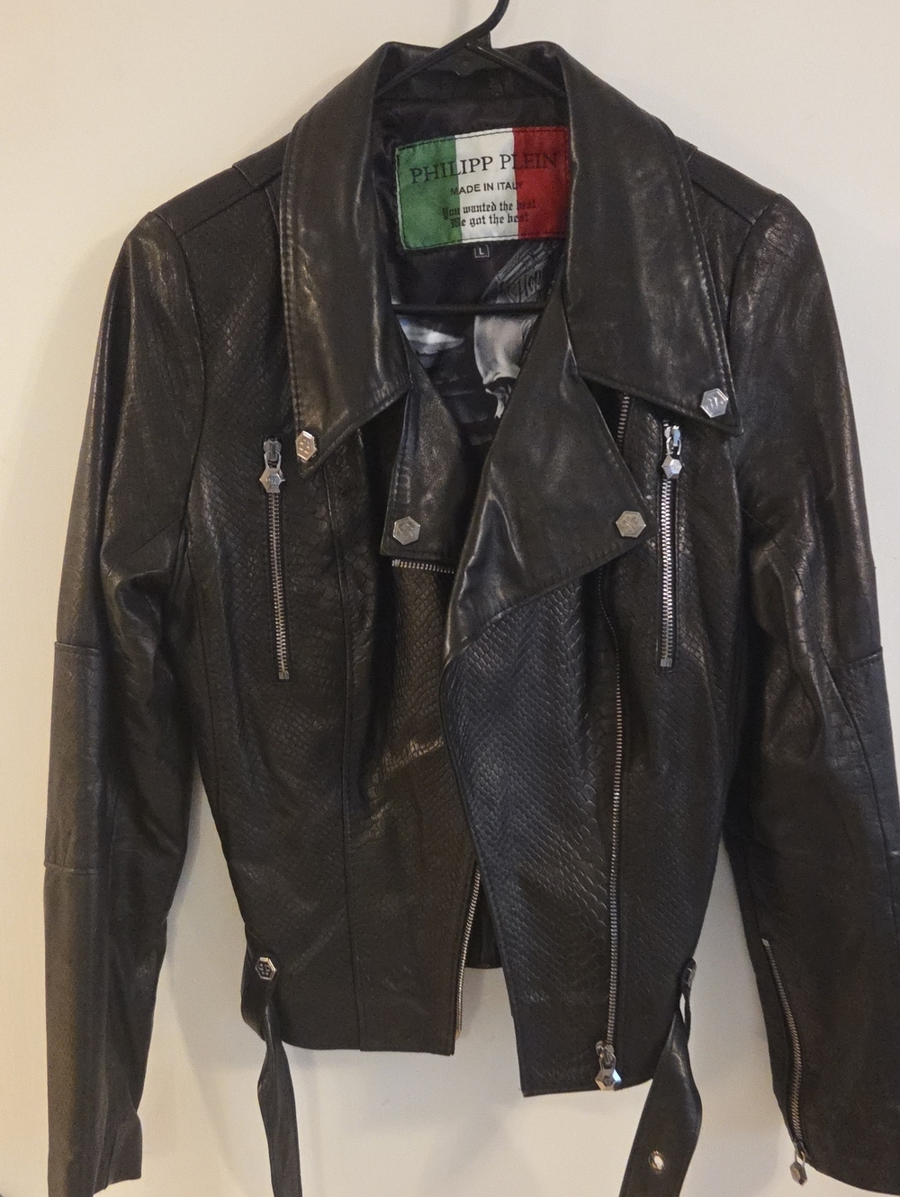 Philipp Plein Black Embossed Leather Biker Jacket Made in Italy Size L